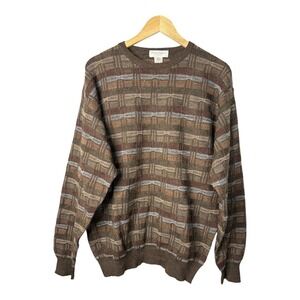Vintage Tricots St Raphael Merino Wool Brown Plaid Knit Sweater Men Size Large